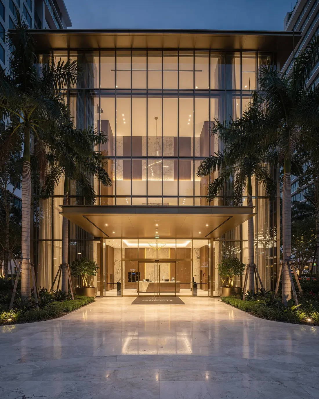 Acceso iluminado de una residencia en Miami al anochecer